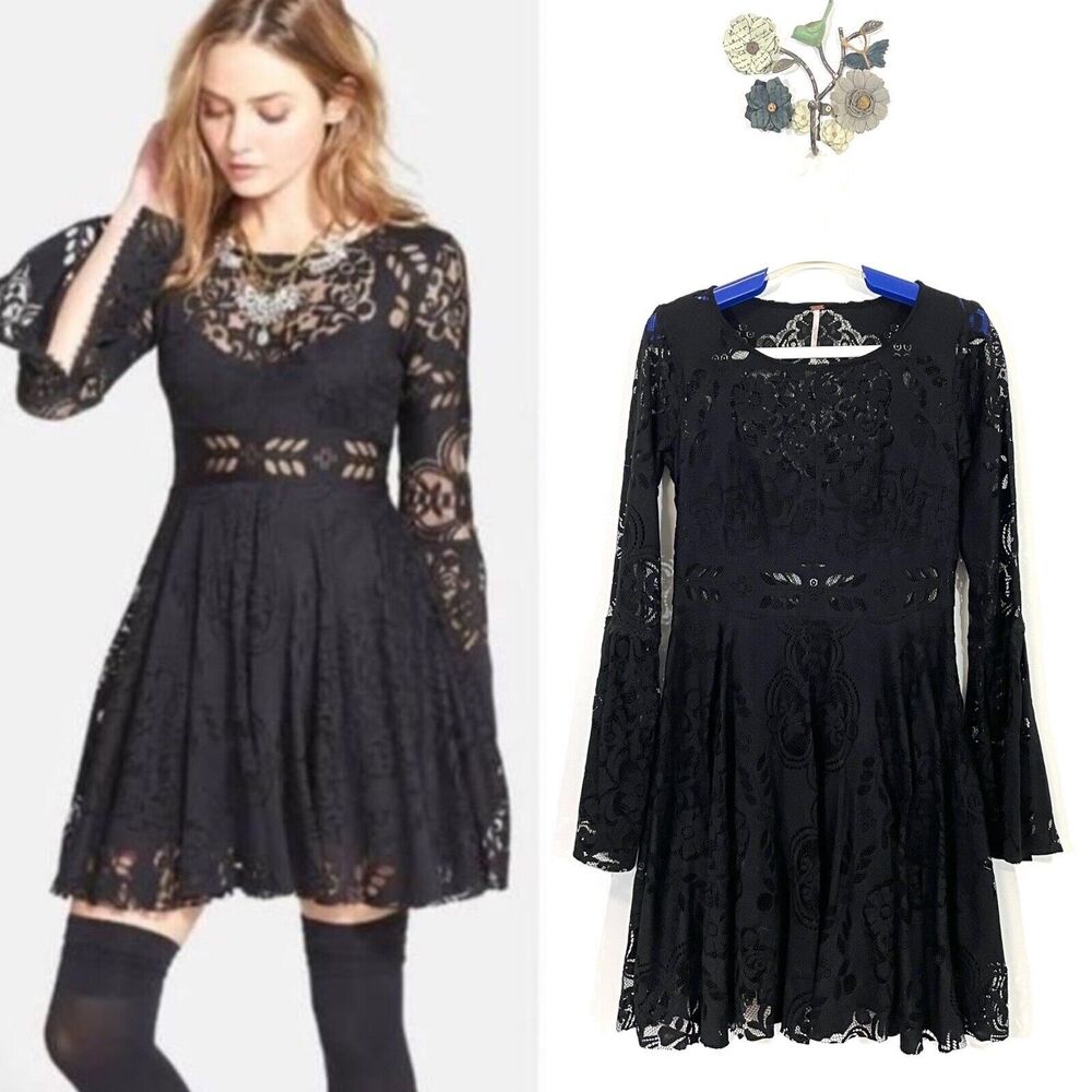 Free People Womens Size 2 Lovers Folk Song Dress Black Side Zip Cutout Back Lace